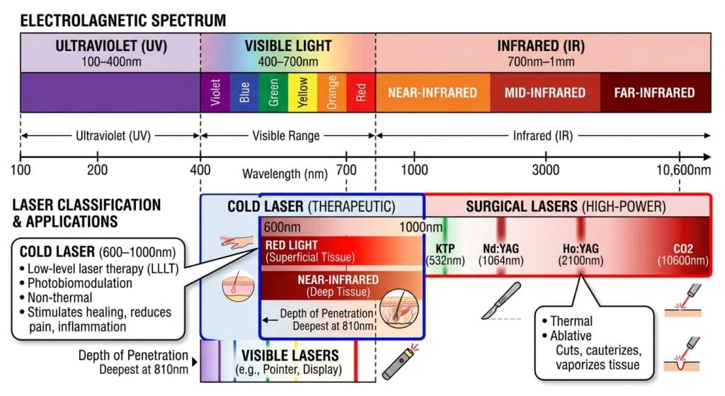 Diagram showing the wavelength range used in cold laser therapy compared to surgical lasers