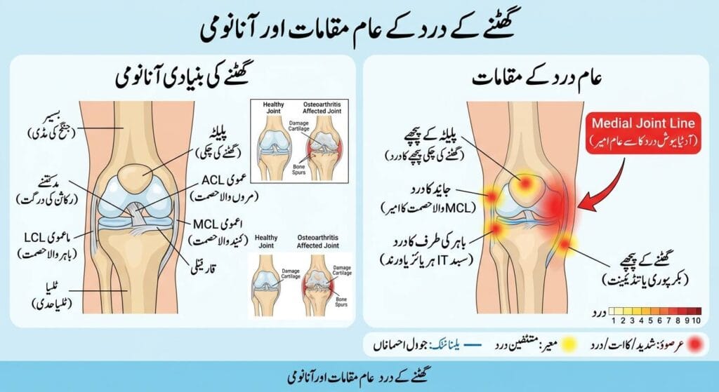 Diagram showing common causes of knee pain