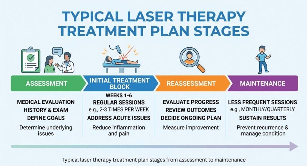 Typical laser therapy treatment plan stages from assessment to maintenance